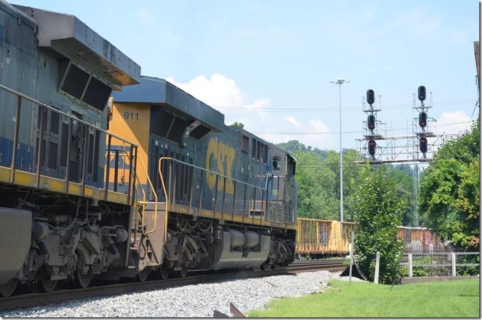Clear signal at Virginia Avenue. Q135-16 departs at 11:56 AM. Track work west of Cumberland caused Q135 to be held until an already late P030 passed. CSX 911. Cumberland MD.